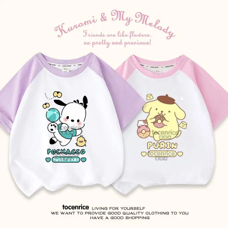 Kawaii Pochacco Girls Short Sleeve Cartoon Cotton T-Shirt Summer Loose Tops Anime Pompom Purins Casual Children's Clothing Gifts