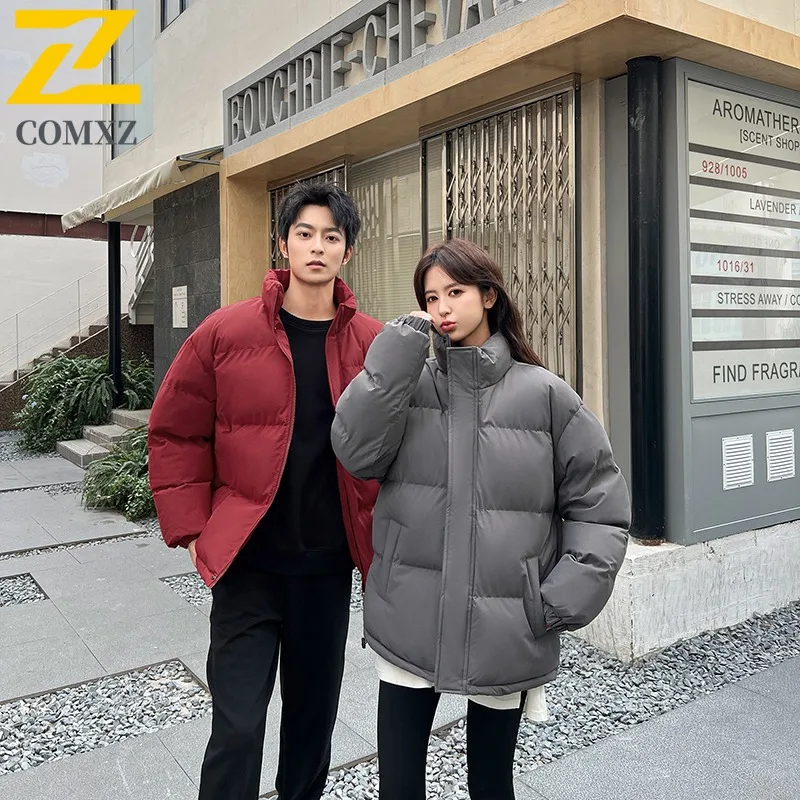 COMXZ 2025 Winter Mens Loose Fit Stand Collar Solid Color Puffer Jacket Short Warm Coat Casual Outwear  lightweight windbreaker