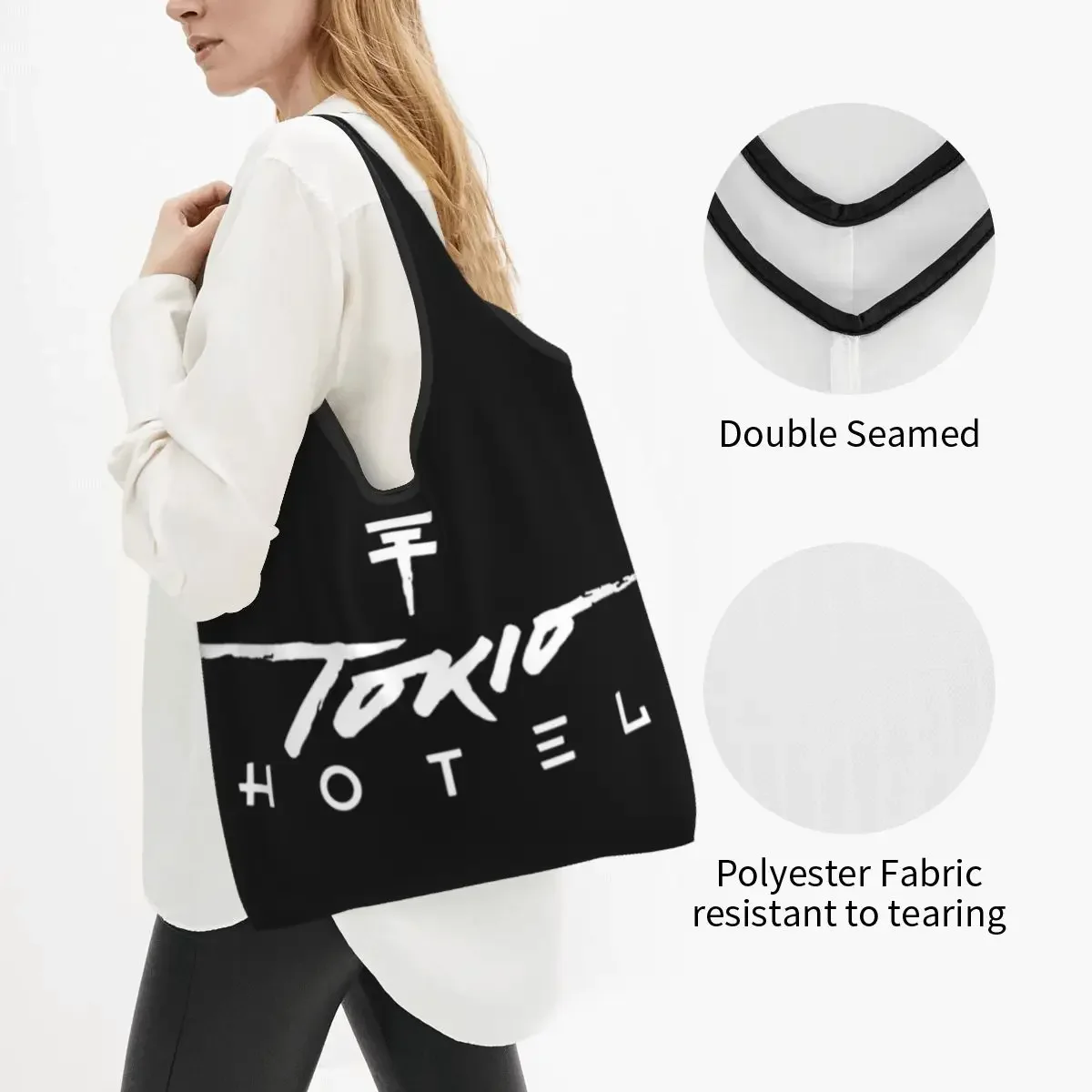 Reusable Tokio Hotel Logo Grocery Bags Foldable Machine Washable Shopping Bag 50LBS Extra Large Folding Totes Bag Lightweight