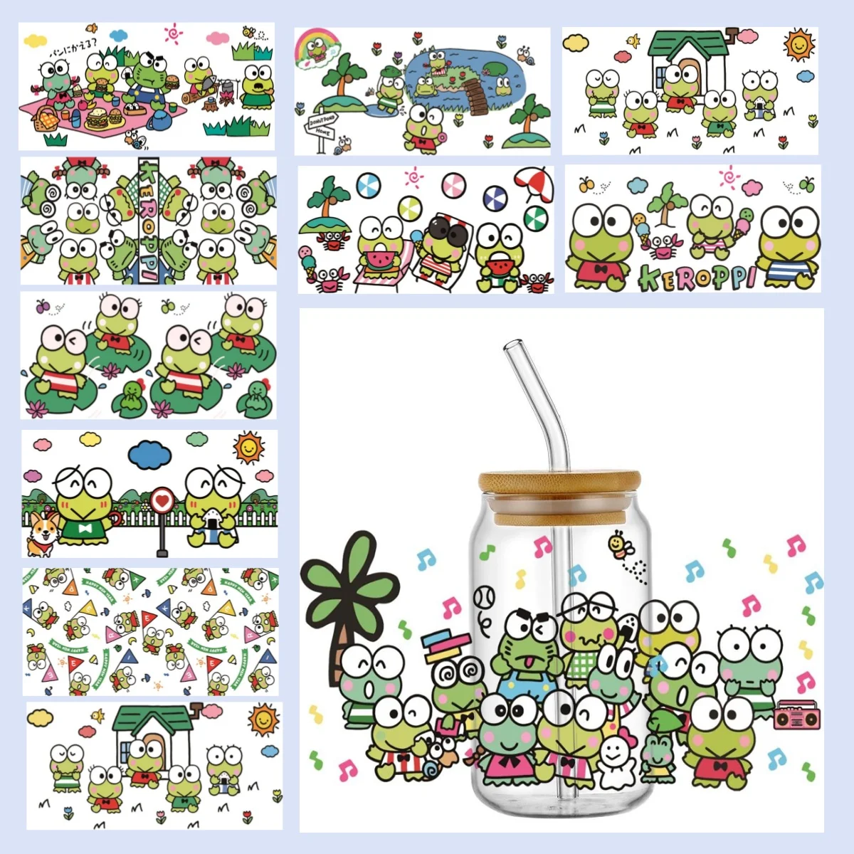 สติกเกอร์ติดถ้วย UV Dtf 16ออนซ์รูปการ์ตูนกบน่ารักสติกเกอร์ติดขวดแก้วสามารถใช้กาวใน DIY ออกแบบเองซักได้