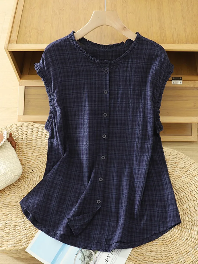 

Summer Floral Lace Collar Cotton Linen Sleeveless Shirt Women's Artistic Large Size Cardigan Vest Open Cardigan Top Thin