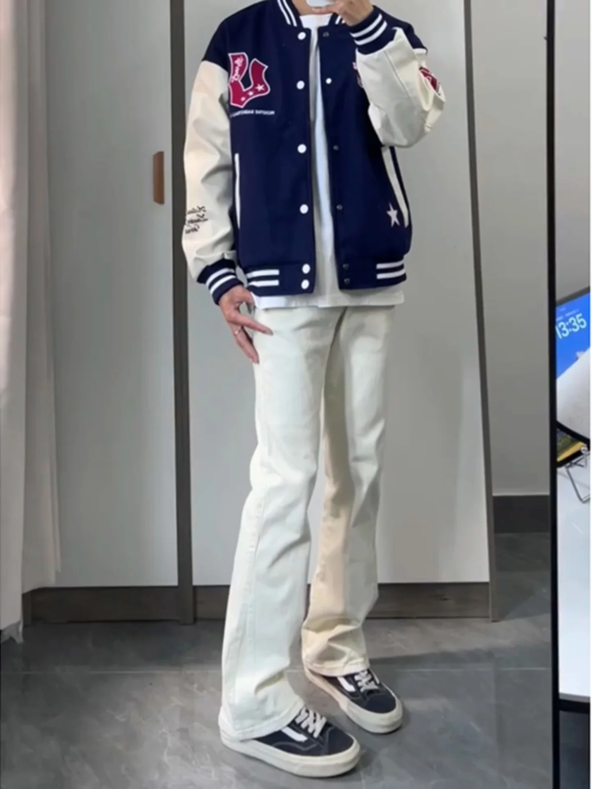 

Cleanfit White Fce Lined Slimming Jeans Men's High Street Elastic Bell Bot Youth Trendy Long Pants Straight Cut Trousers