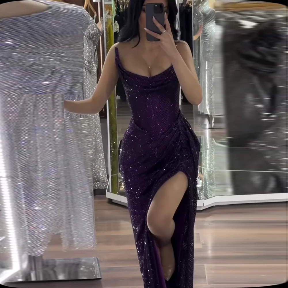 

Customized Purple Mermaid Evening Dresses Long Strapless vestidos de noiva Draped High Split Prom Formal Dress Bodycon Maxi