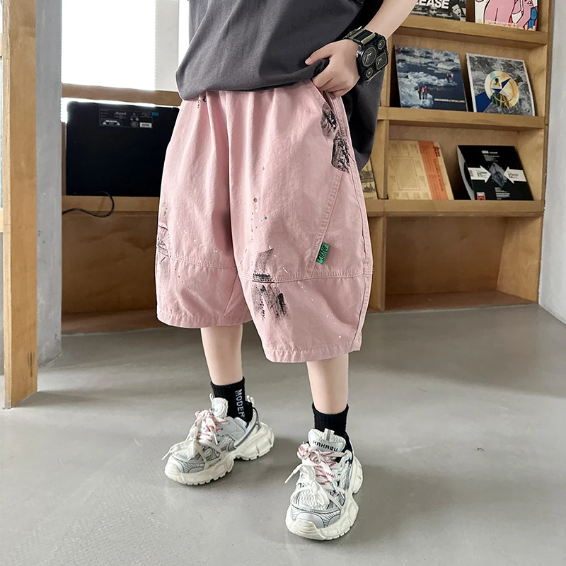 Kids Summer Loose Straight Pink Capris Shorts for Teenage Boys Relaxed Fit Cotton Mid-Calf Pink Shorts with Drawings for Child