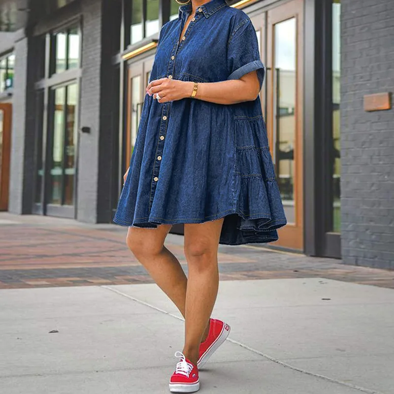 

Denim Blouses Dress Washed Women Distressed Single Breasted Cuffed Short Sleeve Turn Down Collar Solid Casual Loose 2026 summer