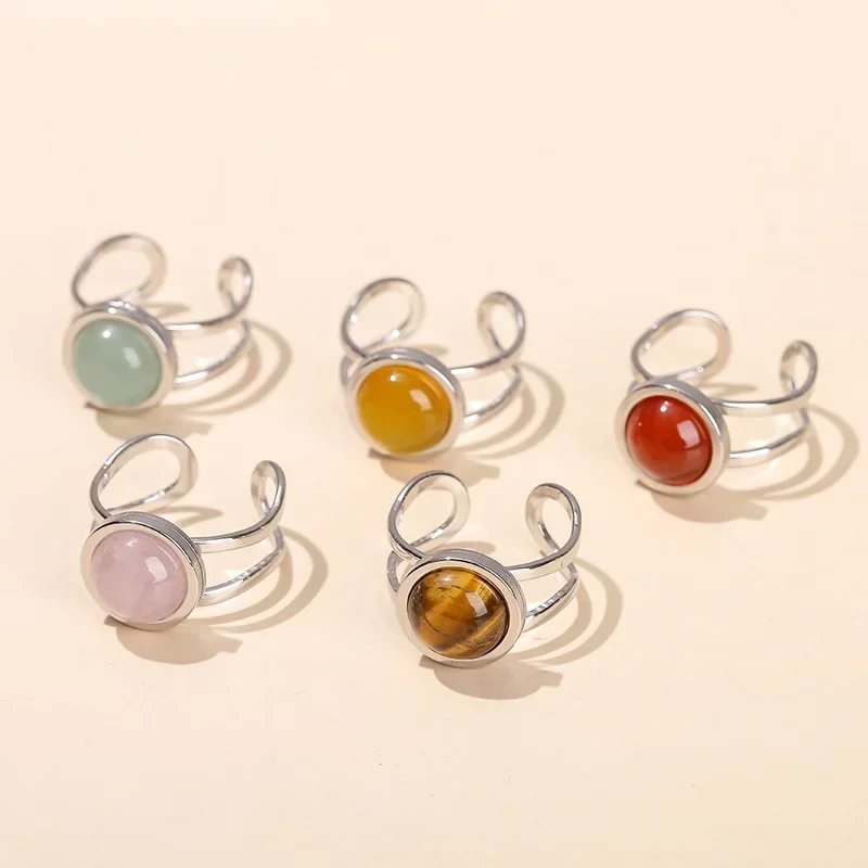 10pcs 10mm Natural Stone Stainless Steel Open Rings Women Boho Green Aventurine Black Agate Reiki Healing Crystal Finger Jewelry view 4