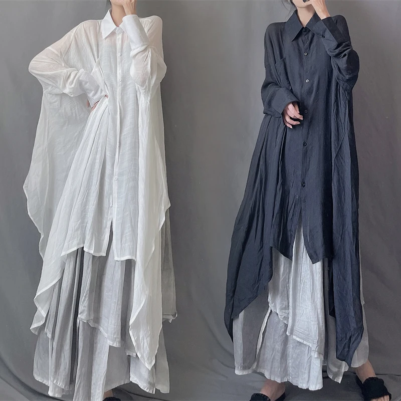 

Loose Women's Summer Autumn New Sle Sun Protection Shirt Long Sve Collar Midi Length Irregular Artistic Shirt