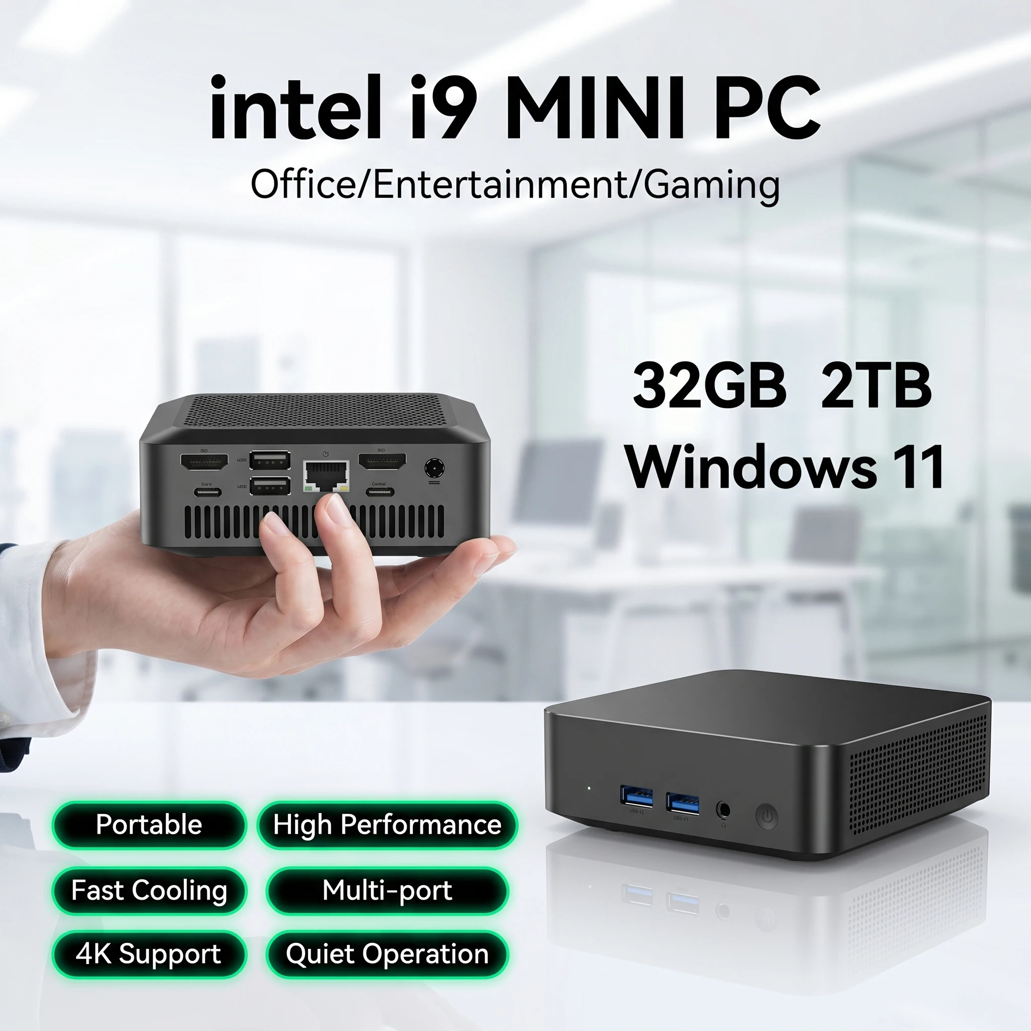 LENO Mini PC Gamer Portable Computer 32GB RAM 2TB SSD Intel Core i9-9900 FHD Bluetooth WiFi6 Windows 11 Gaming Office 4K HDMI