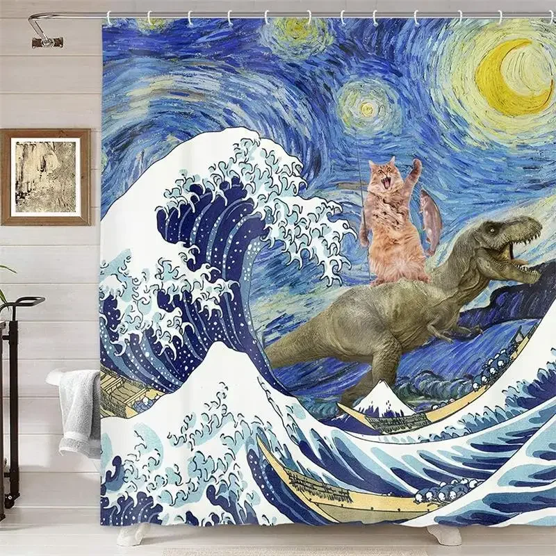 Funny Cat Riding Dinosaur Shower Curtains Cute Animal Sea Waves Surfboard Creative Kids Bath Curtain Set Fabric Bathroom Decor view 5