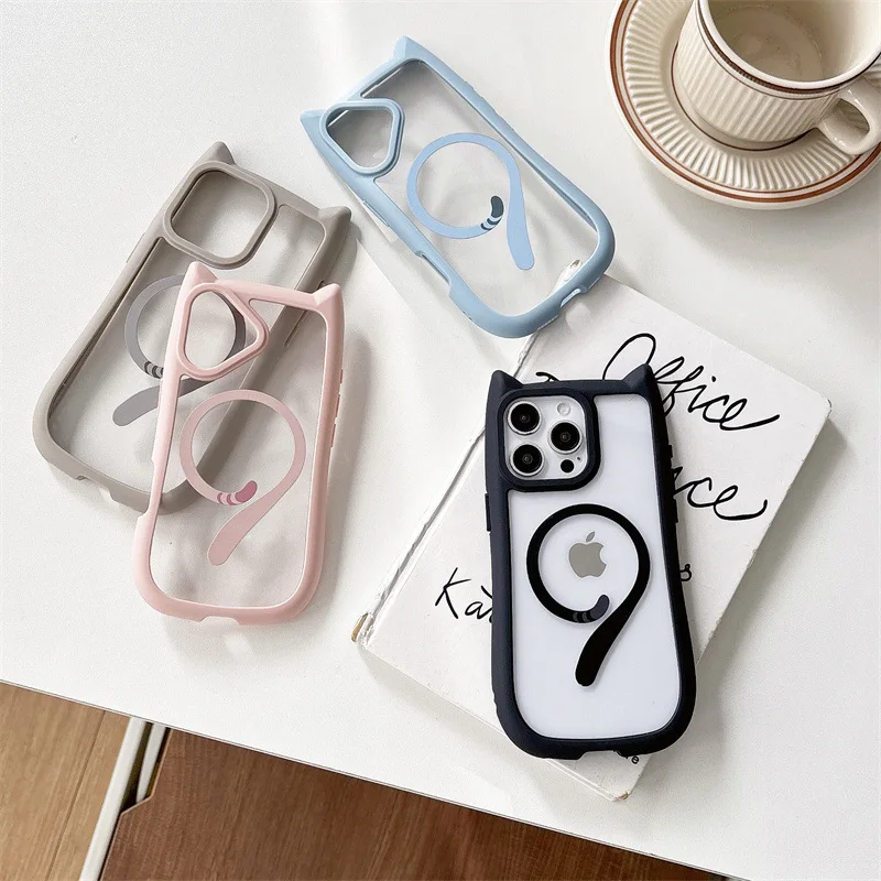 Coque de téléphone magnétique avec oreilles de chat de dessin animé 3D, étui antichoc en acrylique transparent pour iPhone 17 Air 16 15 14 Plus 13 mini 12 Pro Max