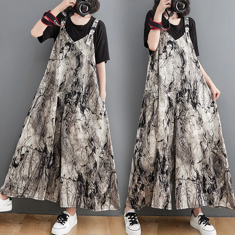 

Water-Mark Print Loose Pants Women's Rer Overalls A-Line Wide Leg Hiding Meat Long Pants High Waist Polyester Summer Thin