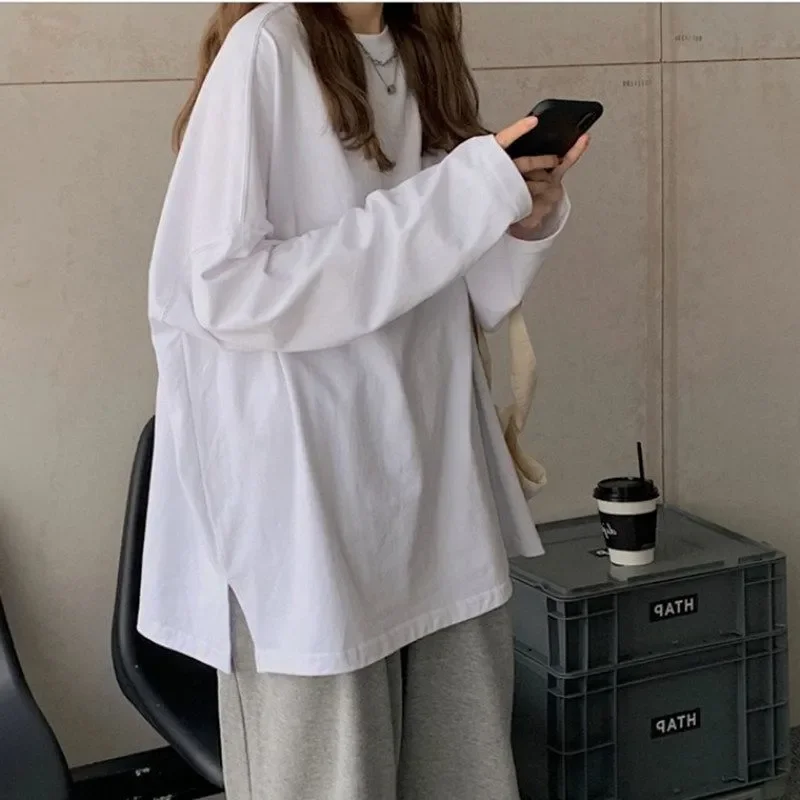 

100% Pure Cotton Long-sleeved T-shirt for Women Ins Trendy 2025 New Loose Korean Student Bf Style White Base Shirt Top