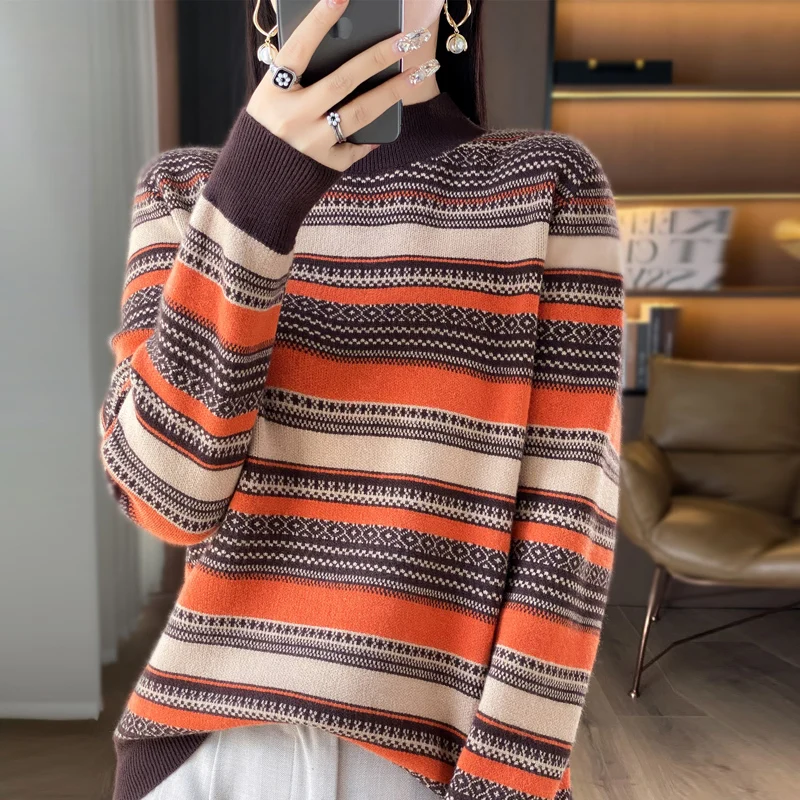 2024 Autumn/Winter Women\'s Cashmere Sweater Knitted Pullover Knitted Sweater Women\'s Warm Loose Striped Sweater Top