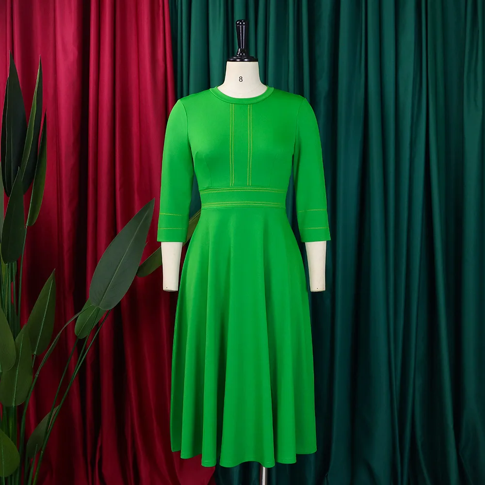 JENYAGE Damen Einfarbiges Dehnbares Kleid mit Stehkragen, Goldener Paspelierung, 3/4-Ärmeln, A-Linie, Midi-Länge, Elegantes Büro- und Partykleid in Übergröße – Detail 8