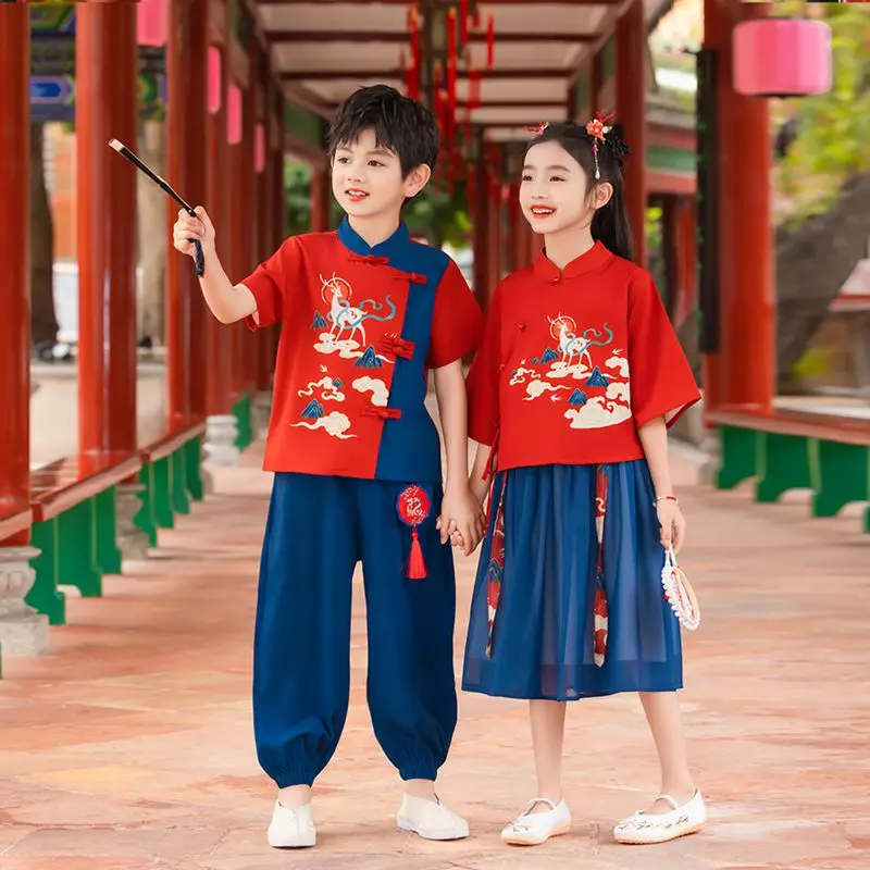 

Summer Traditional Chinese Girls Top Skirt Set Ancient Hanfu Modified Kids Tang Performance Costume