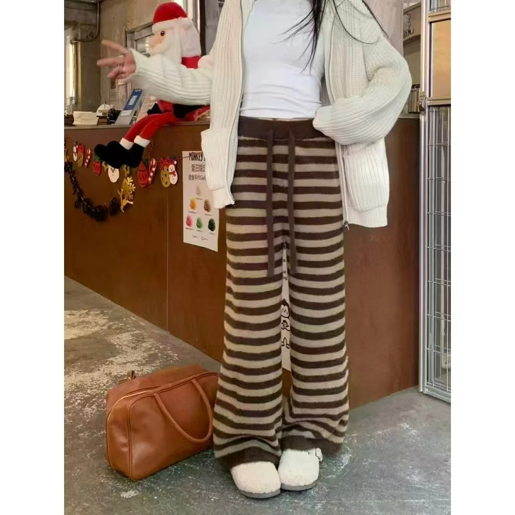 

Контрастные полосатые плюшевые повседневные брюки на шнурке, прямые брюки, женские осенне-зимние серые свободные широкие брюки с высокой талией