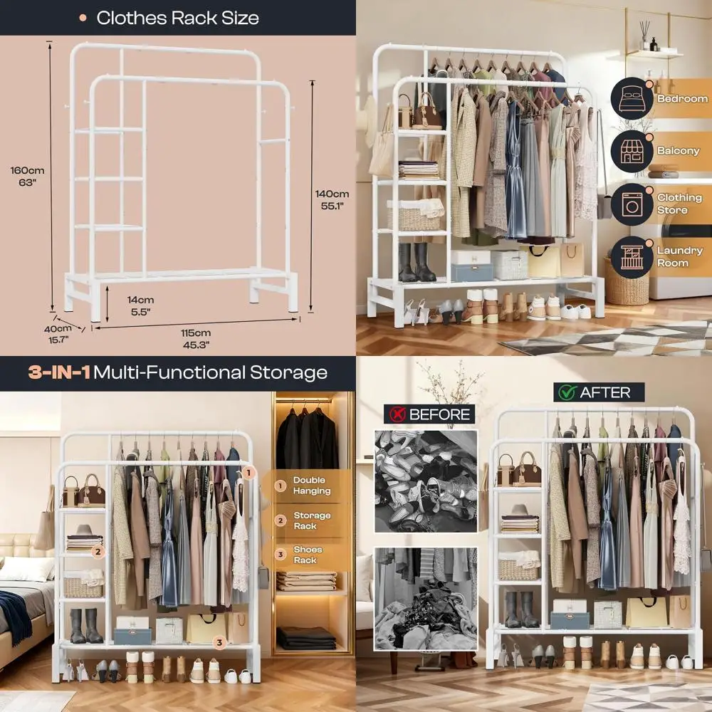 

Double Rod Clothes Rack with 3-Tier Storage, Heavy-Duty Multifunctional Rack for Bedroom, Laundry, Living Room (White)