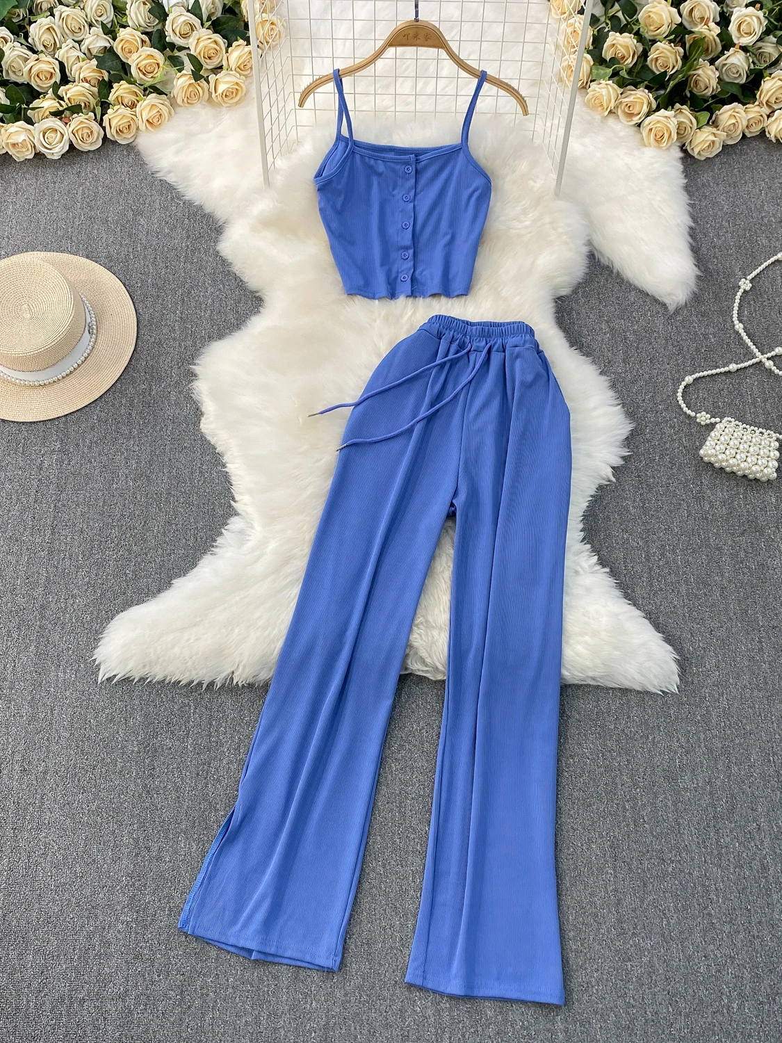 

Sexy Spicy Girl Sle Knitted Crop Top And High Waist Wide Leg Pants Two Piece Set Single Button Open Slit Long Pants