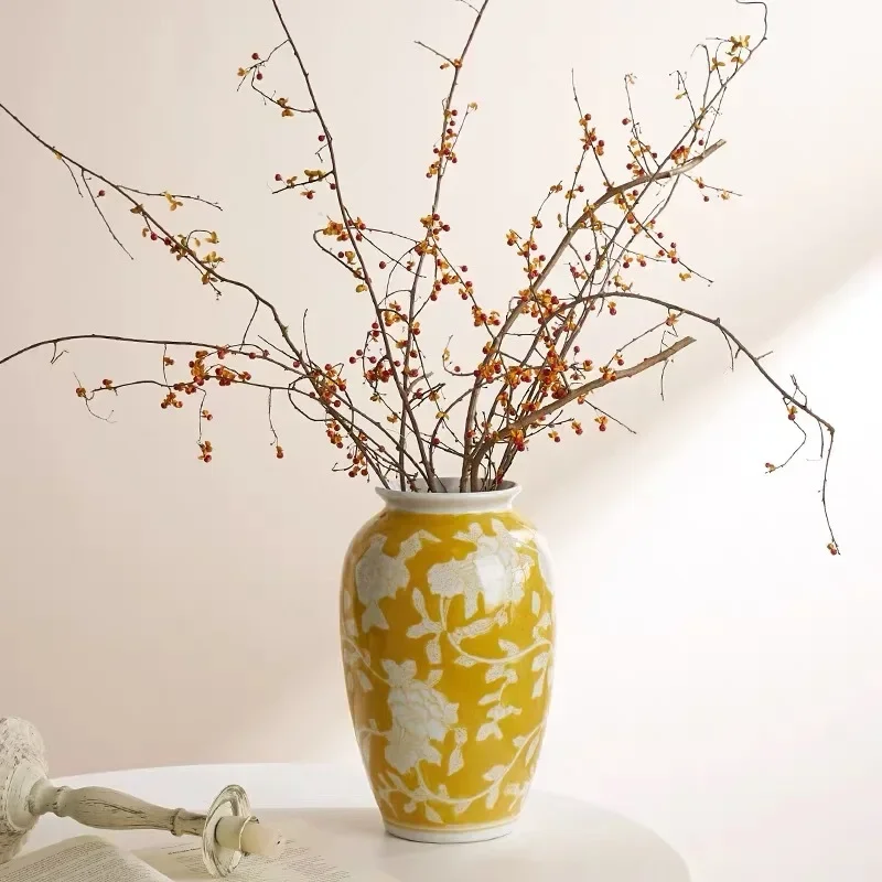 U11 Ceramic Vase Chinese-style Retro Bottle Yellow Blue and White Porcelain Flowerpot Flower Vase Home Decoration Accessories