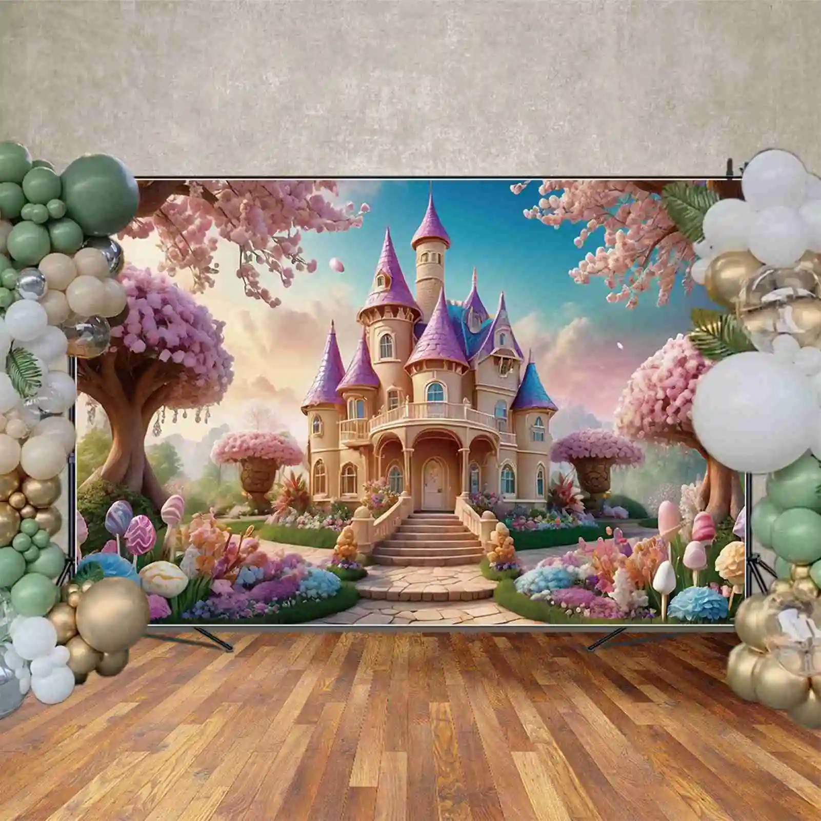 MOON.QG Girls Birthday Fairy Princess Castle Backdrop Enchanted Flower Garden Background Sign Children's Party Photography Props