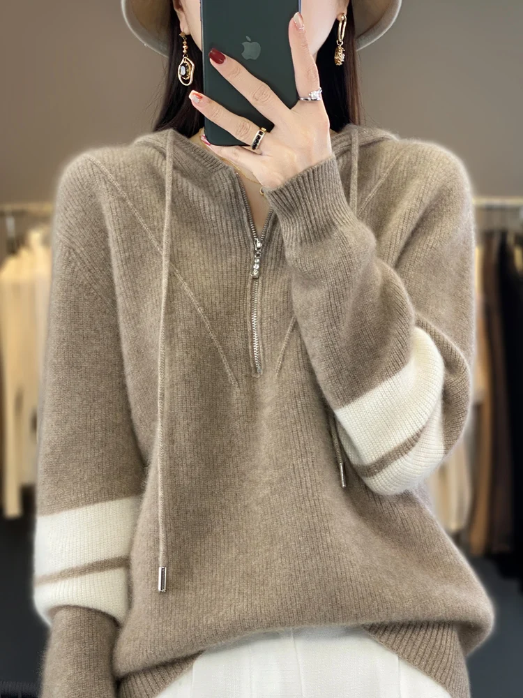 Addonee Autumn Winter Women Sweater Hoodie 100% Merino wool Zipper Casual Thick Pullover Cashmere Knitted Coat Korean Fashion