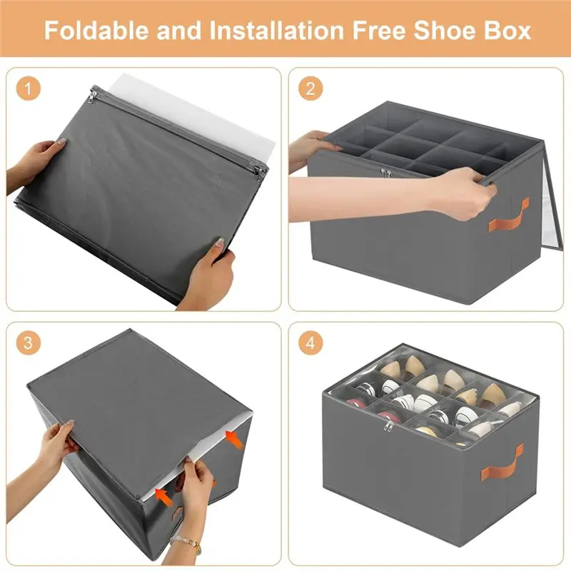 DT19 Foldable Shoe Storage Box with Clear Lid, 12-Compartment Fabric Shoe Organizer for Closet & Wardrobe