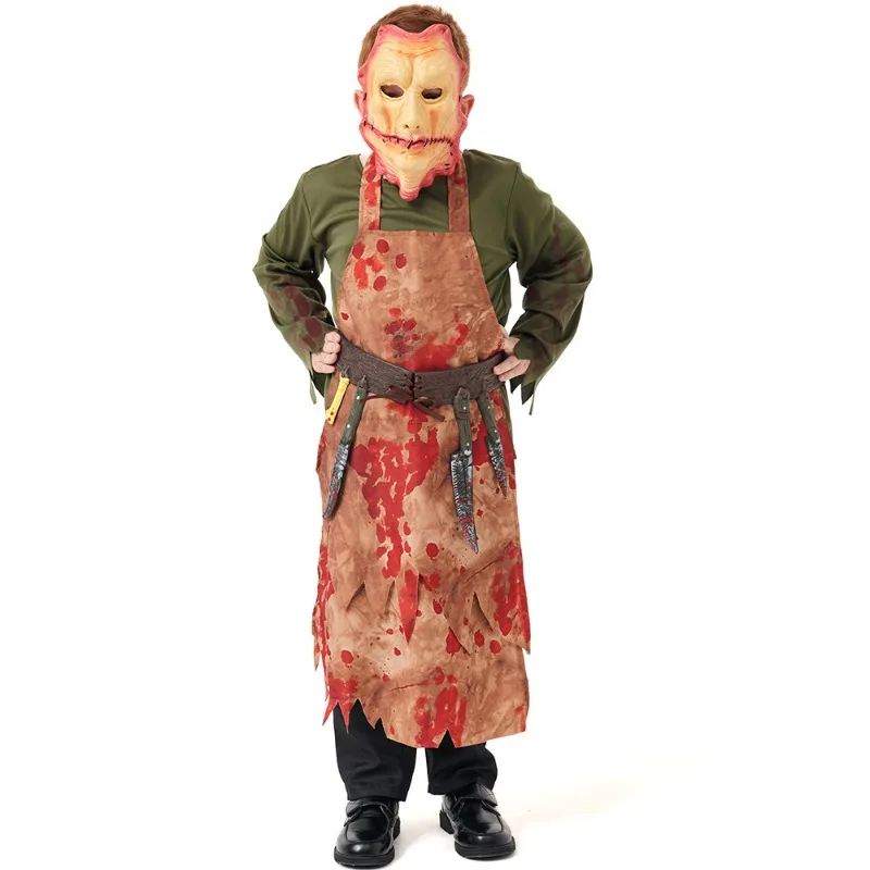 Boy Kid Scary Butcher Costume Halloween Chef Outfit Bloody Apron Mask Party Role Play Uniform Cosplay Costumes Masquerade view 4