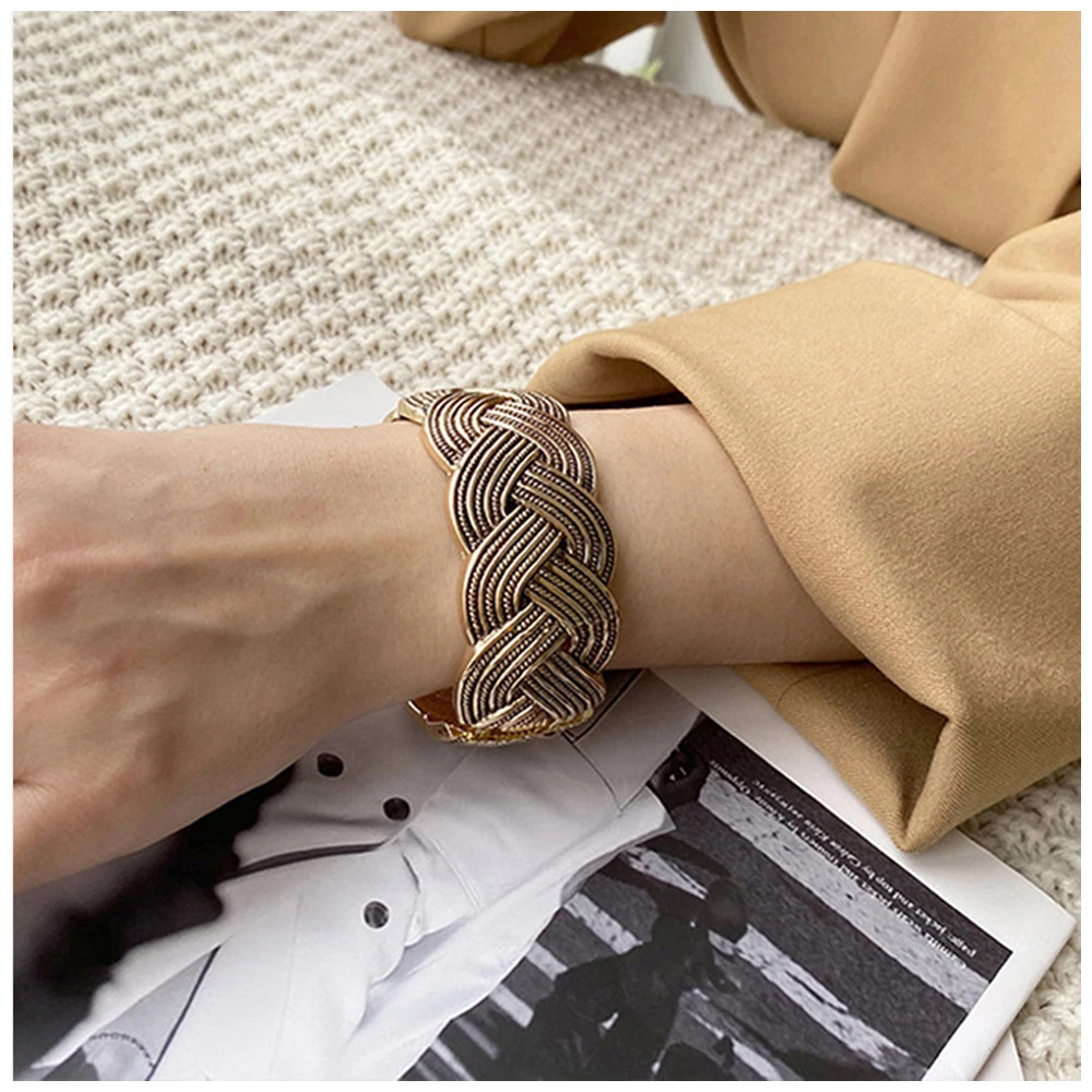 New Arrival Vintage Cuff Bracelet Statement Chunky Wide Metal Bangle Twist Braid Shape Fashion Jewelry for Women Dropshipping