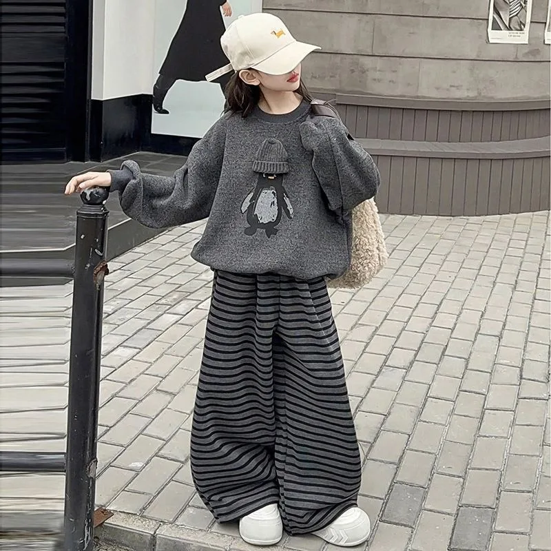 UNITIM Autumn 4-14Yrs Kids Girl 2PCS Set Penguin Printed Children Girl Long Sleeve Sweatshirt Casual Stripe Straight Pant Outfit