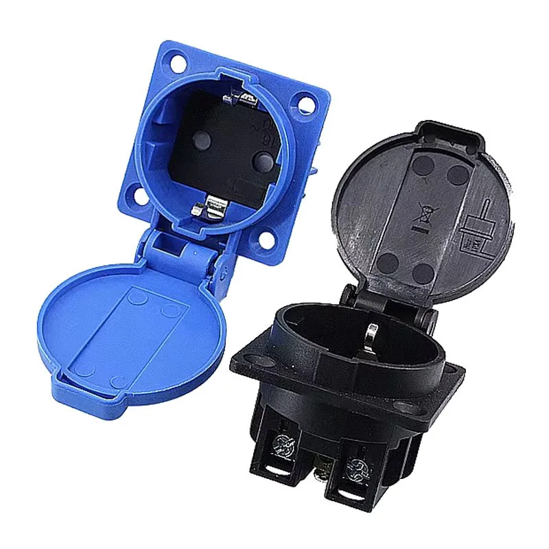 Black IP44 16A 250V electrical AC power socket European universal industry with waterproof cover German standard wiring socket