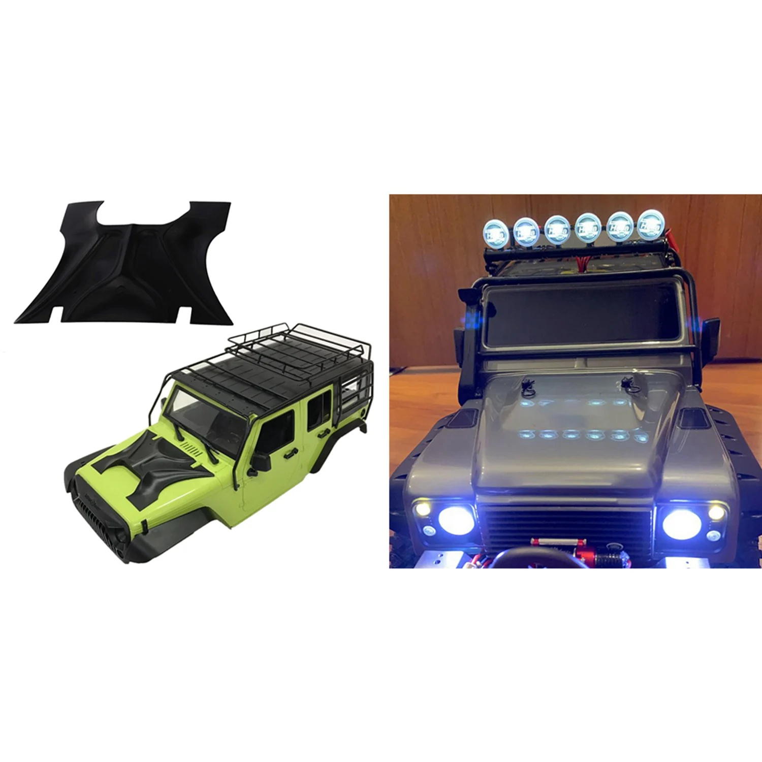 【Verbraucher-Favorite!】 2 Set RC-Autos. Teile: 1 Stück Motorhaubenabdeckung und 1 Set Metalldach-LED-Lichtleiste mit 6 LED-Leuchten