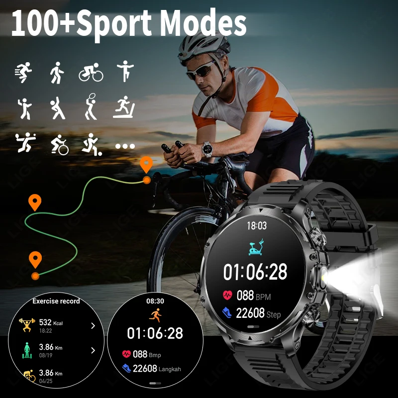 LIGE New 700mah Large Battery Outdoor Smart Watch Men Flashlight Military Watches 1.90'' HD Bluetooth Call Sports Smartwatch Man