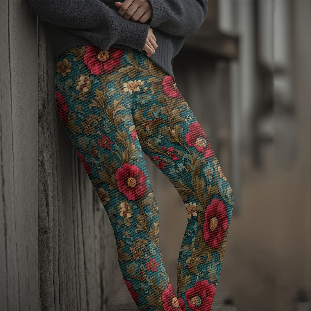 Boho Chic Women's Leggings All-Over Vintage Retro Floral Vine Print High-Waisted Stretch Pants for Yoga Casual Festival Wear