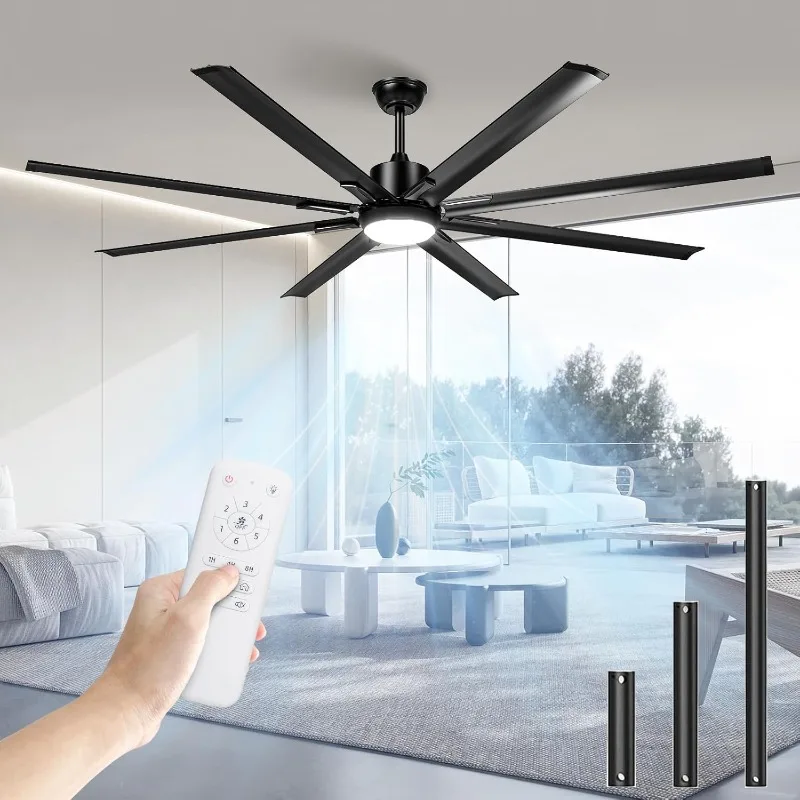 

72 inch Large Black Industrial Ceiling Fans with Lights and Remote,8 Aluminium Blade Modern Indoor/Outdoor Ceiling Fans