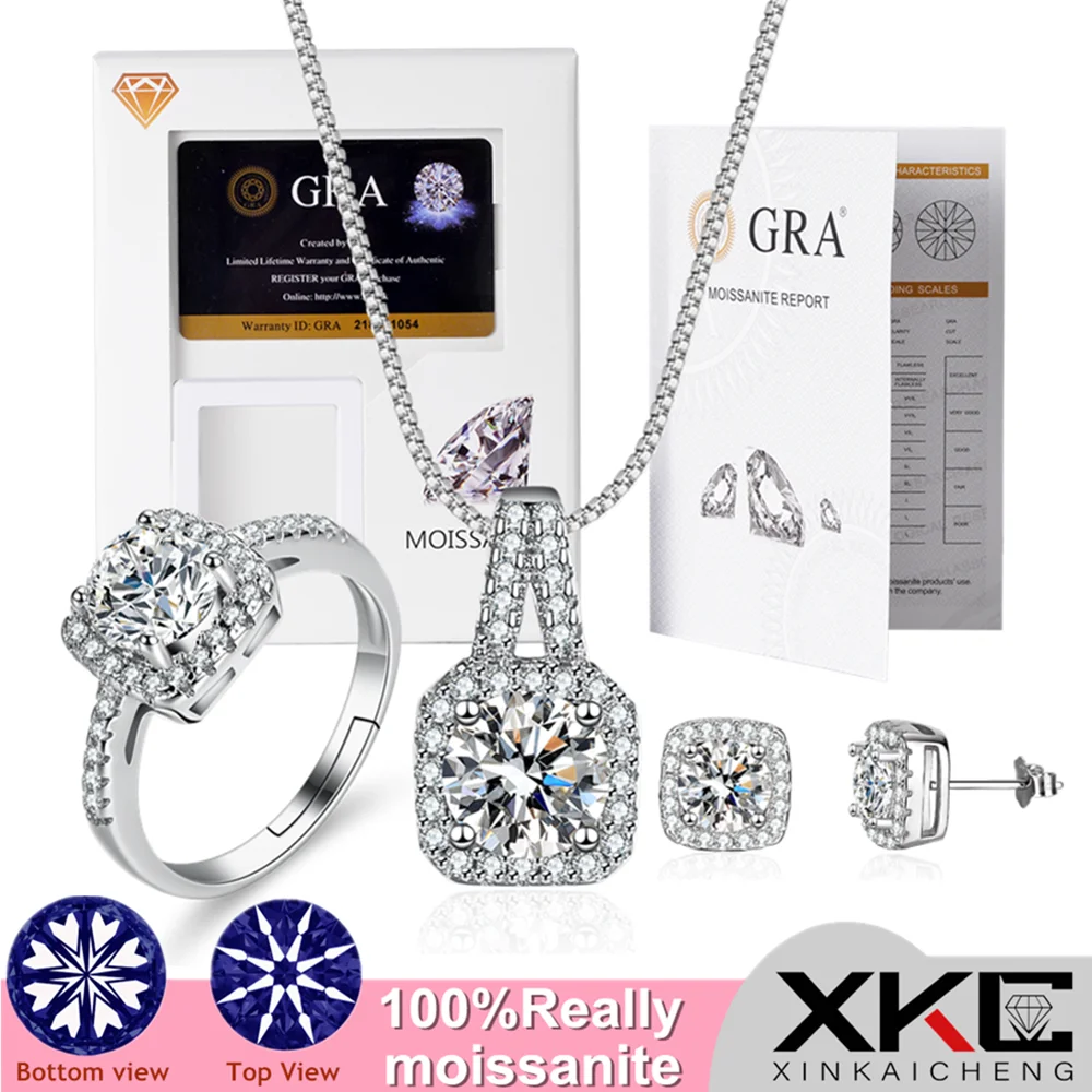 

GRA moissanite three piece ensemble ring pendant necklace square bag shaped lady fashion jewelry