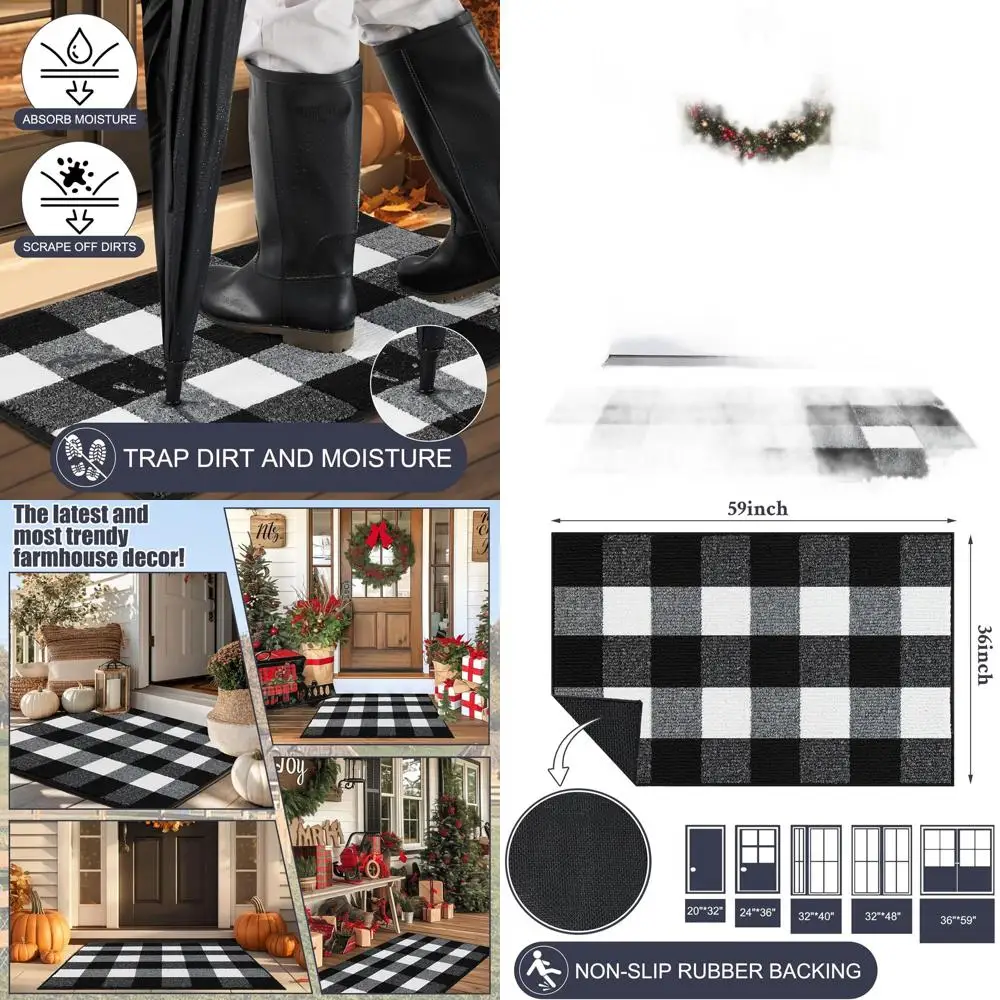 

Black and White Buffalo Plaid Rug, 36x59, Non-Slip Rubber Backing, Indoor Door Mat, Absorbent Washable Entryway Mat, Farmhouse S