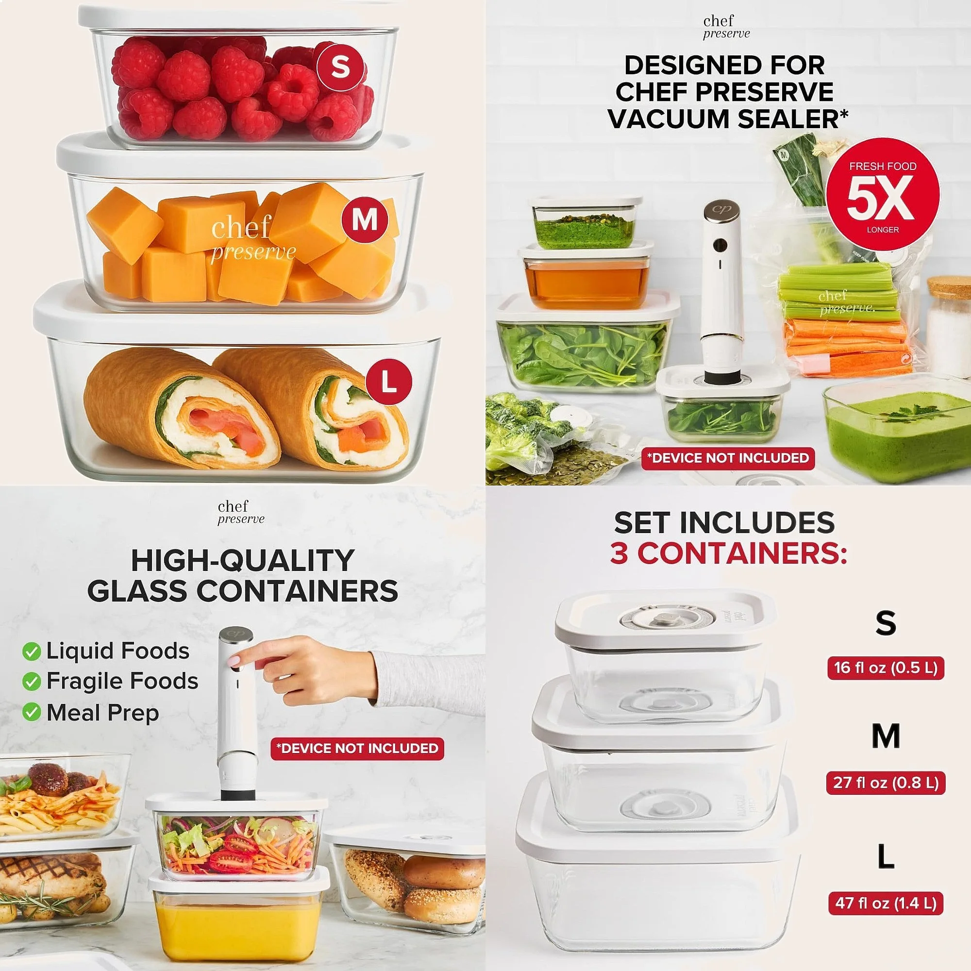 Glass Vacuum Seal Food Storage Containers Set 3 with Handheld Sealer
