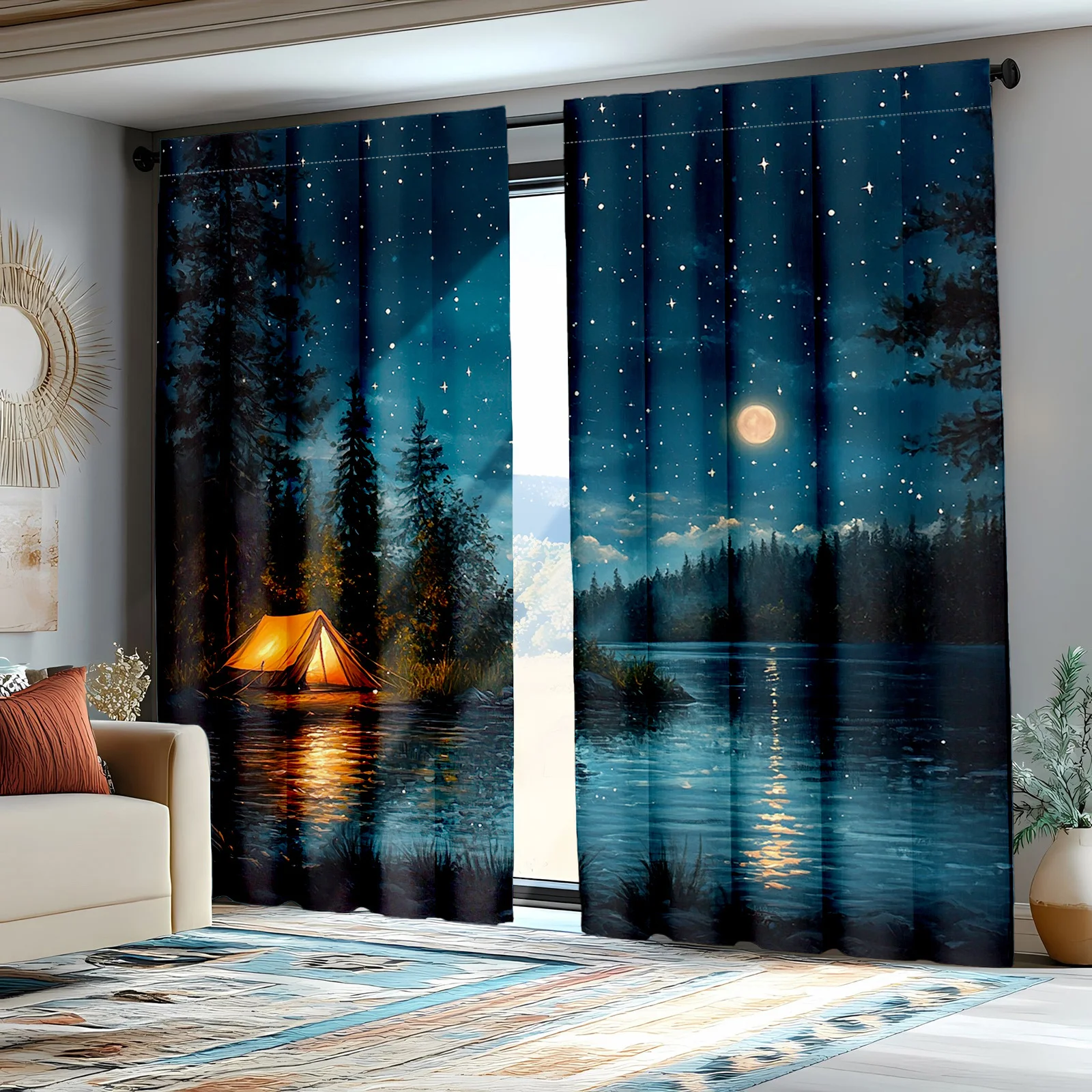 Polyester Starry Night Galaxy Curtain Window Drapes Camping Lake Moon Forest Aesthetic Decor Romantic Bedroom Home Curtains