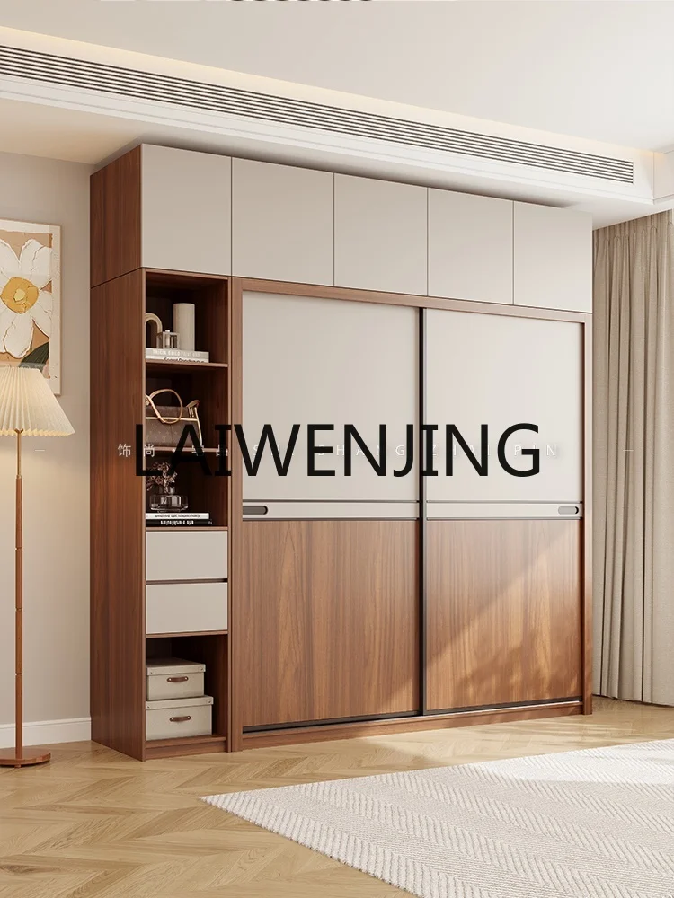 Sliding Door Wardrobe Home Bedroom Walnut Solid Wood Multi-Layer Simple Finished Wardrobe