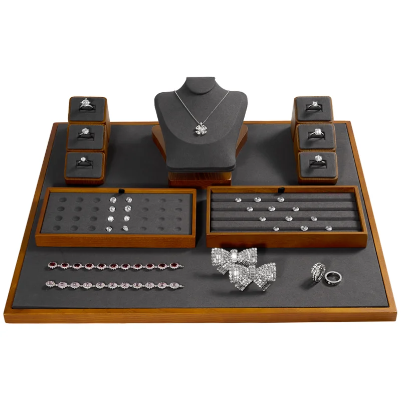 Oirlv Wooden Jewelry Display Set Solid Wood Gems Display Tray Necklace Bust Ring Display Stand Wooden Jewelry Displays Flat Tray