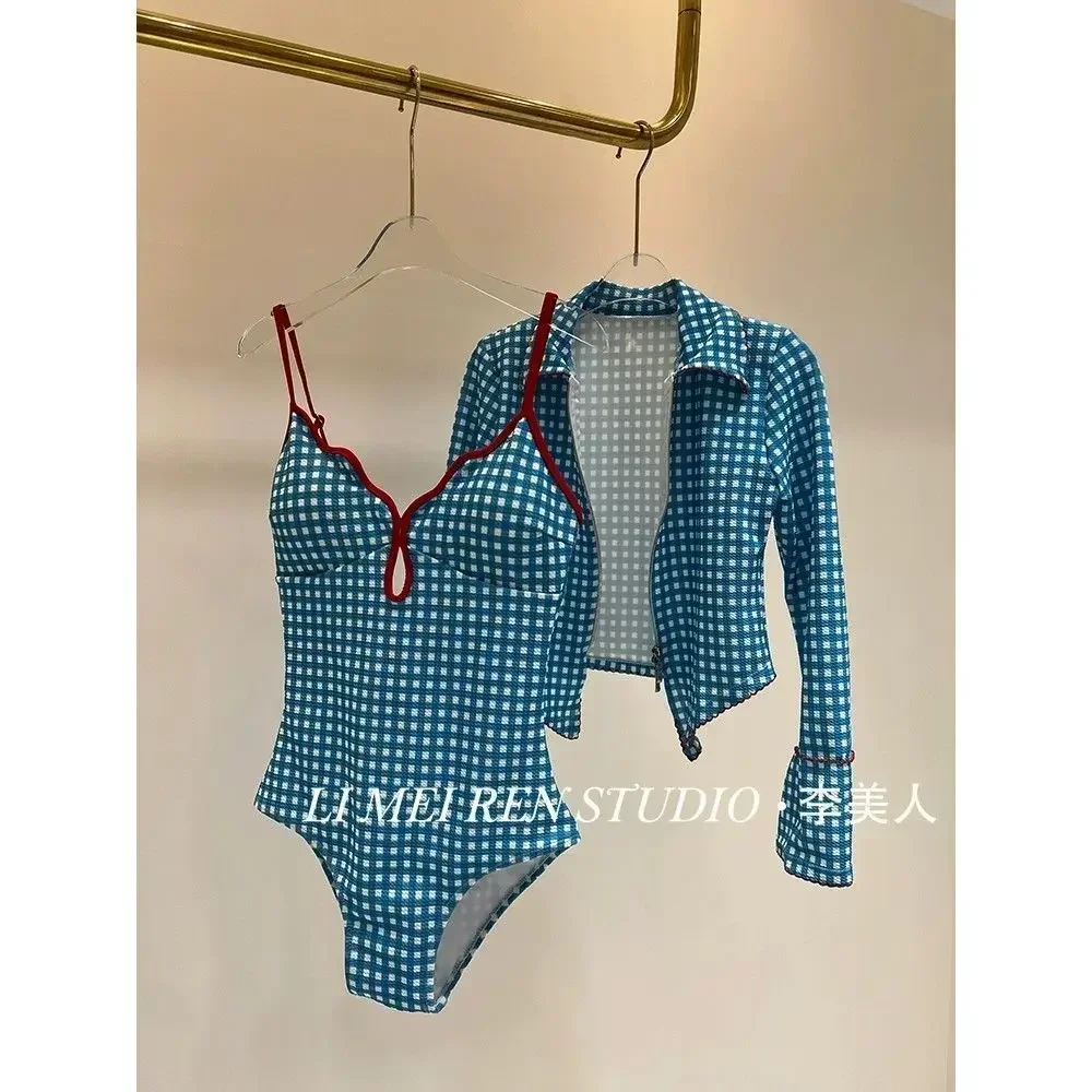 Korean Blue Plaid Women Swimsuit Summer High Waisted Beachwear Bikini Set with Long Sleeve Cover-ups 2pcs Bathing Suit Swimwear