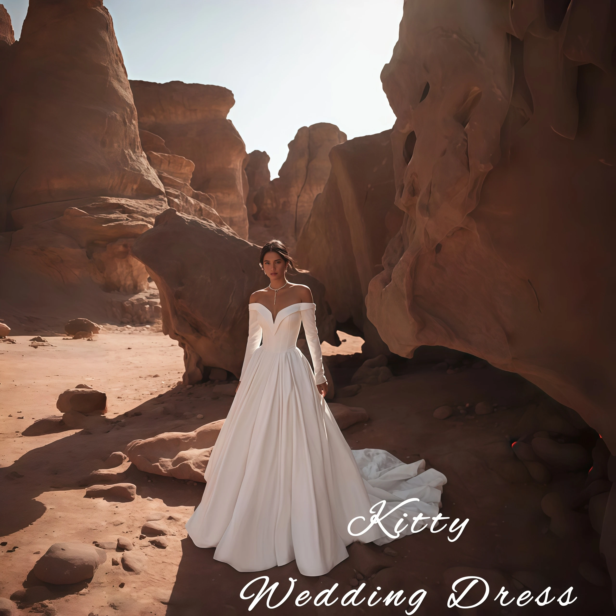 

Kitty Customized Elegant Wedding Dress Off-the-Shoulder V-Neck Long Sleeves Backless A-Line Satin Ball Gown Train Bridal Gown