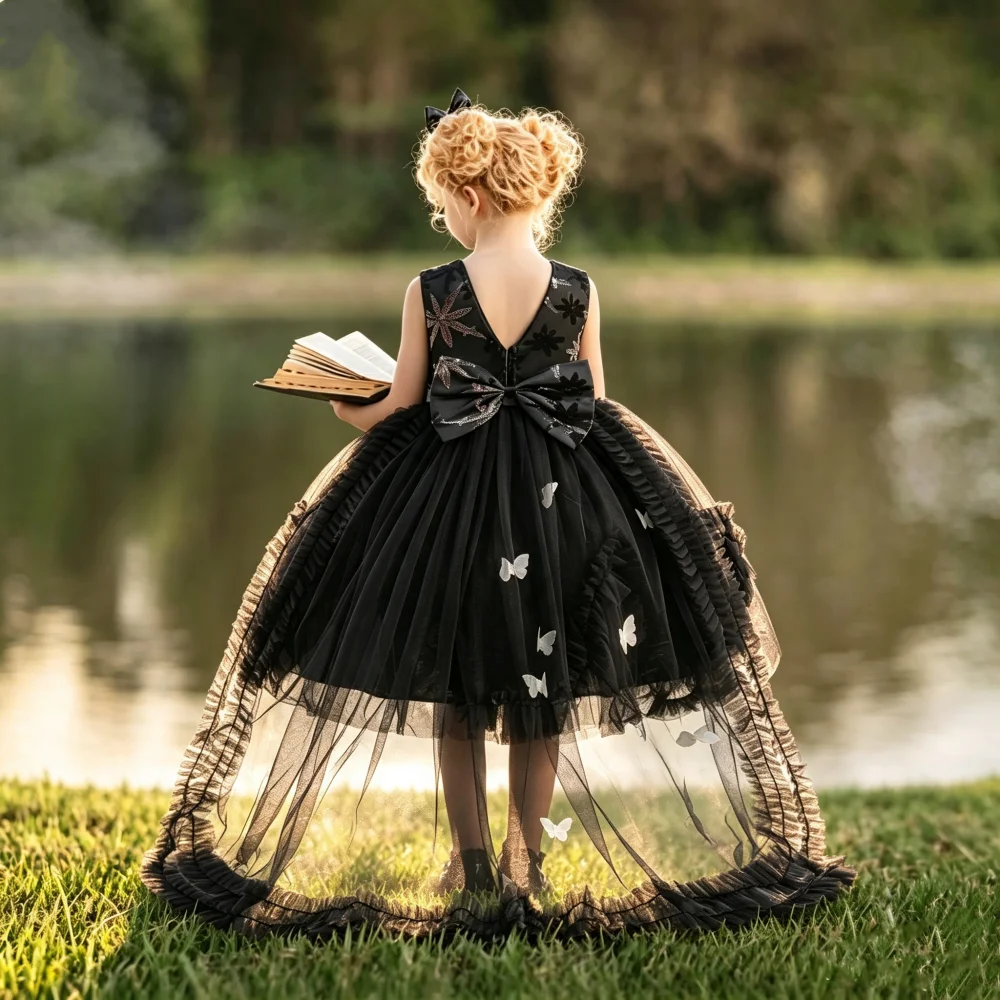 Girls' Black Plain Sleeveless Tuxedo Dress with Train Bow Detail for Catwalk Performances Wedding Events