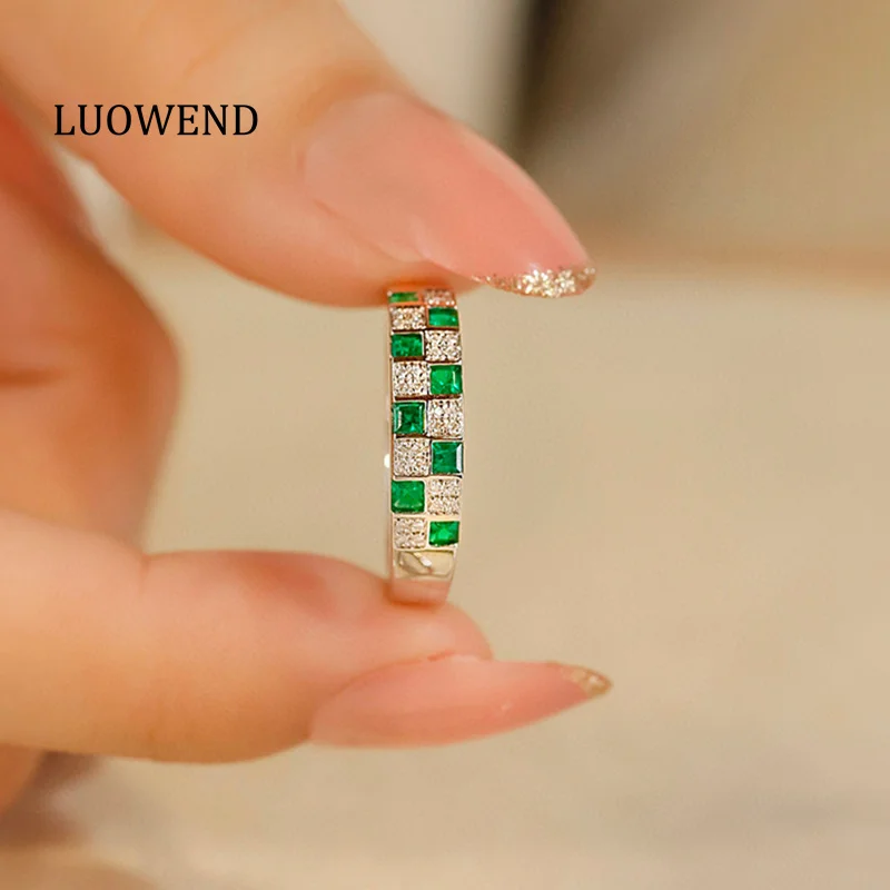 LUOWEND 18K White Gold Rings Shiny Diamond Natural Swat Emerald Ring for Women Luxury Elegant Design High Engagement Jewelry