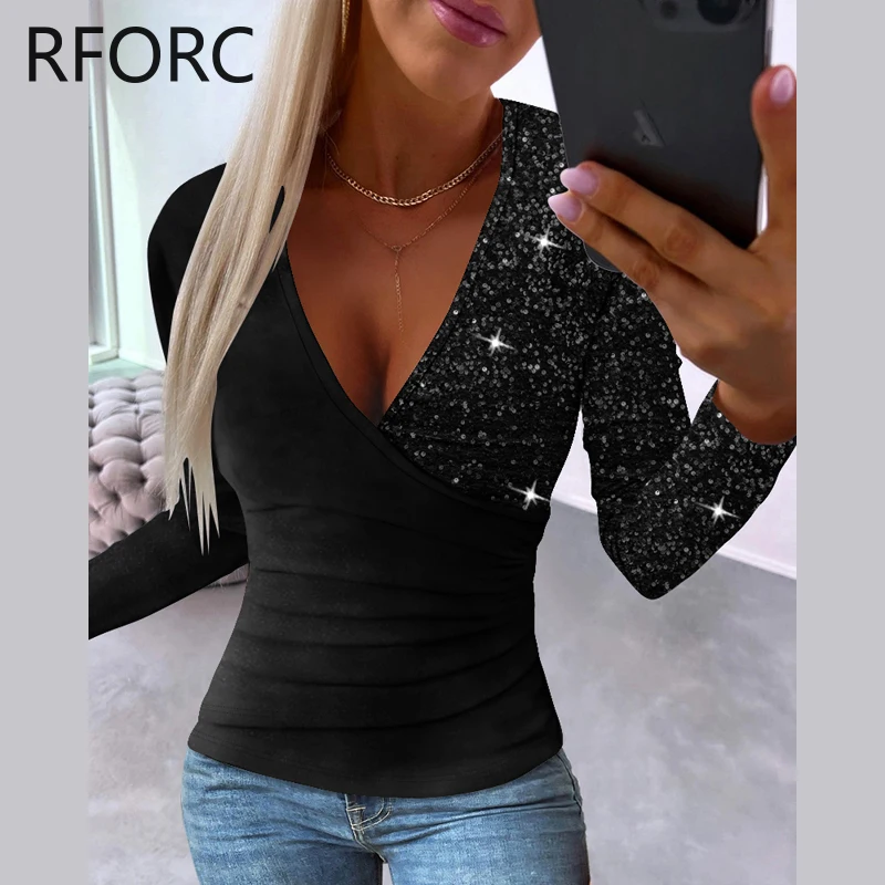 2024 Women Sequins Patchwork Deep V Neck Casual Basic Blouse Top