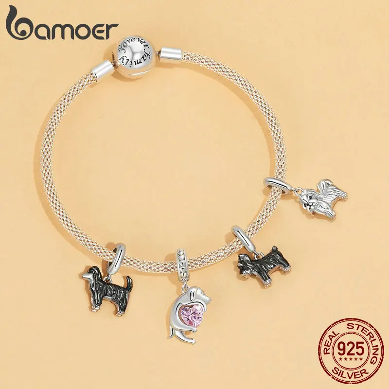 BAMOER Gold Plated Pet Dog Charm Beads for Charm Bracelet, Genuine 925 Sterling Silver Border Collie Dachshund Schnauzer Pendant