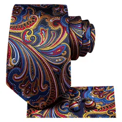 Hi-tie Orange Blue Paisley Wedding Necktie For Men 3pcs Men's Ties & Cufflinks & Handkerchief Sets For Business