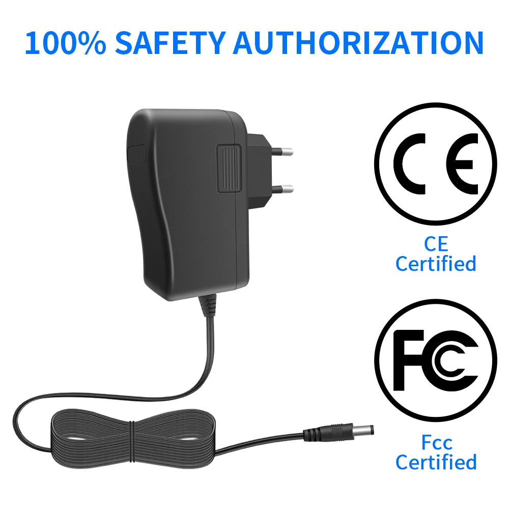 Power Supply Adapter EU AC 100-240V to DC 12V 1A Switch  5.5 x 2.1mm Plug 10 Feet Power Cord for Security Cameras