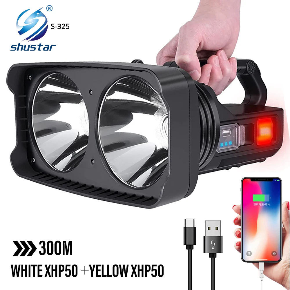 Super Bright LED Spotlight 2*XHP50 Camping Fishing Lantern with Side Light Waterproof Searchlight USB Rechargeable Flashlight