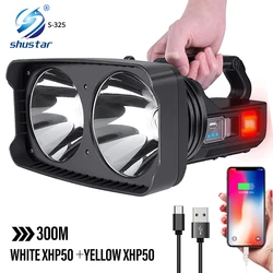 Super Bright LED Camping Spotlight, lanterna de pesca com luz lateral, holofote impermeável, lanterna recarregável USB, 2 * XHP50